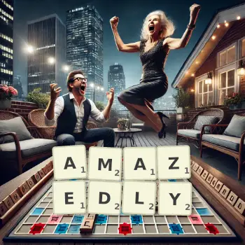 Creative illustration for a Scrabble game with the word AMAZEDLY spelled out in tiles on the board.