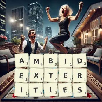 Creative illustration for a Scrabble game with the word AMBIDEXTERITIES spelled out in tiles on the board.