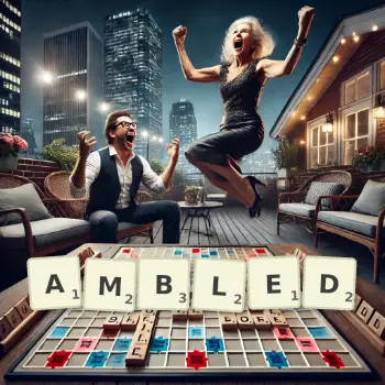 Creative illustration for a Scrabble game with the word AMBLED spelled out in tiles on the board.