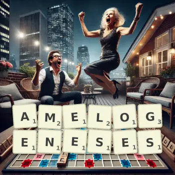 Creative illustration for a Scrabble game with the word AMELOGENESES spelled out in tiles on the board.