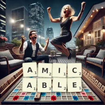 Creative illustration for a Scrabble game with the word AMICABLE spelled out in tiles on the board.
