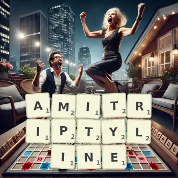 Creative illustration for a Scrabble game with the word AMITRIPTYLINE spelled out in tiles on the board.