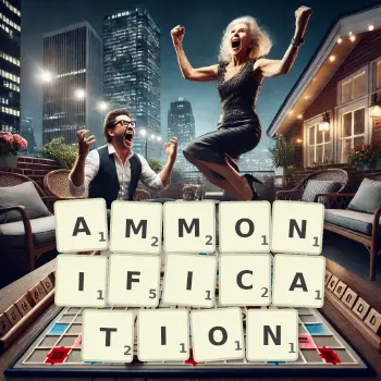 Creative illustration for a Scrabble game with the word AMMONIFICATION spelled out in tiles on the board.