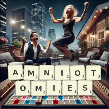 Creative illustration for a Scrabble game with the word AMNIOTOMIES spelled out in tiles on the board.