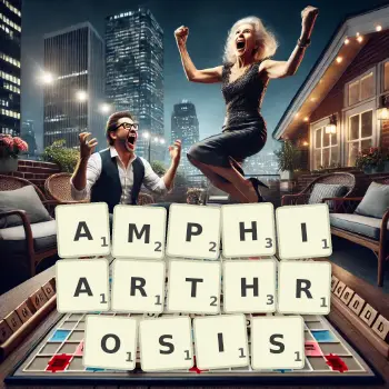 Creative illustration for a Scrabble game with the word AMPHIARTHROSIS spelled out in tiles on the board.