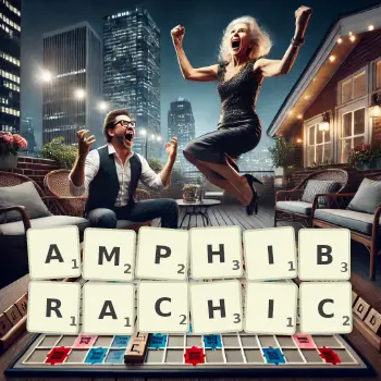 Creative illustration for a Scrabble game with the word AMPHIBRACHIC spelled out in tiles on the board.