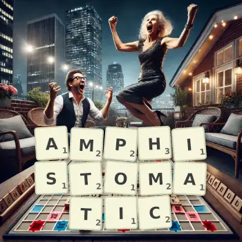 Creative illustration for a Scrabble game with the word AMPHISTOMATIC spelled out in tiles on the board.