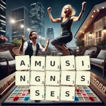 Creative illustration for a Scrabble game with the word AMUSINGNESSES spelled out in tiles on the board.