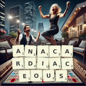 Creative illustration for a Scrabble game with the word ANACARDIACEOUS spelled out in tiles on the board.