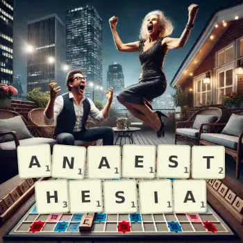 Creative illustration for a Scrabble game with the word ANAESTHESIA spelled out in tiles on the board.
