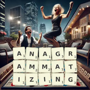 Creative illustration for a Scrabble game with the word ANAGRAMMATIZING spelled out in tiles on the board.
