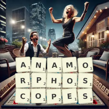 Creative illustration for a Scrabble game with the word ANAMORPHOSCOPES spelled out in tiles on the board.