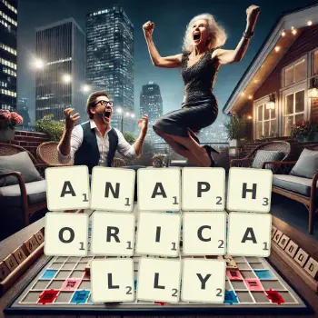 Creative illustration for a Scrabble game with the word ANAPHORICALLY spelled out in tiles on the board.