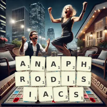 Creative illustration for a Scrabble game with the word ANAPHRODISIACS spelled out in tiles on the board.