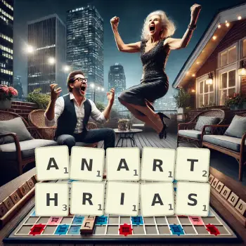 Creative illustration for a Scrabble game with the word ANARTHRIAS spelled out in tiles on the board.