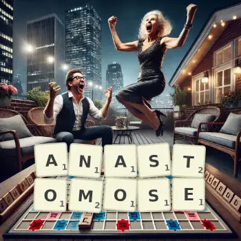 Creative illustration for a Scrabble game with the word ANASTOMOSE spelled out in tiles on the board.