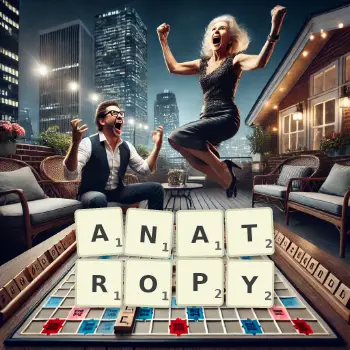 Creative illustration for a Scrabble game with the word ANATROPY spelled out in tiles on the board.