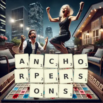 Creative illustration for a Scrabble game with the word ANCHORPERSONS spelled out in tiles on the board.