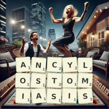 Creative illustration for a Scrabble game with the word ANCYLOSTOMIASIS spelled out in tiles on the board.