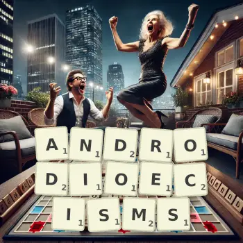 Creative illustration for a Scrabble game with the word ANDRODIOECISMS spelled out in tiles on the board.
