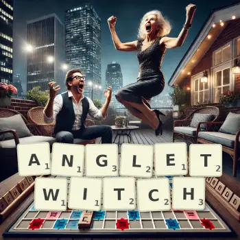 Creative illustration for a Scrabble game with the word ANGLETWITCH spelled out in tiles on the board.