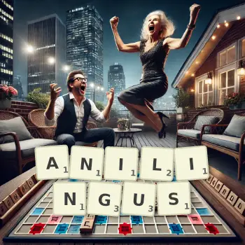 Creative illustration for a Scrabble game with the word ANILINGUS spelled out in tiles on the board.
