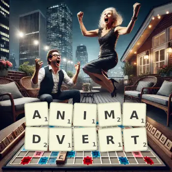 Creative illustration for a Scrabble game with the word ANIMADVERT spelled out in tiles on the board.