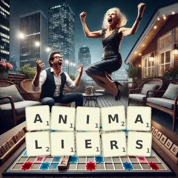 Creative illustration for a Scrabble game with the word ANIMALIERS spelled out in tiles on the board.