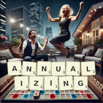 Creative illustration for a Scrabble game with the word ANNUALIZING spelled out in tiles on the board.