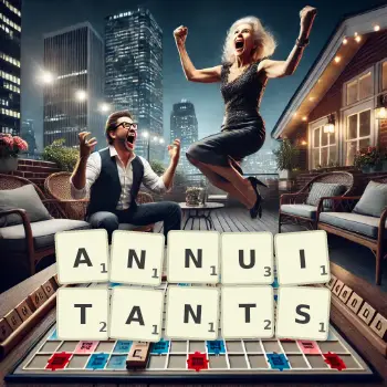 Creative illustration for a Scrabble game with the word ANNUITANTS spelled out in tiles on the board.
