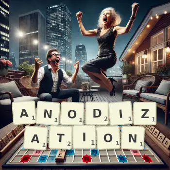 Creative illustration for a Scrabble game with the word ANODIZATION spelled out in tiles on the board.