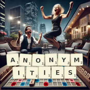 Creative illustration for a Scrabble game with the word ANONYMITIES spelled out in tiles on the board.