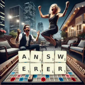 Creative illustration for a Scrabble game with the word ANSWERER spelled out in tiles on the board.