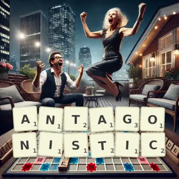 Creative illustration for a Scrabble game with the word ANTAGONISTIC spelled out in tiles on the board.