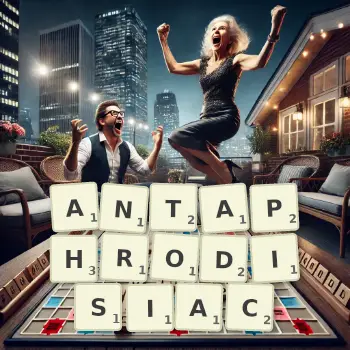 Creative illustration for a Scrabble game with the word ANTAPHRODISIAC spelled out in tiles on the board.