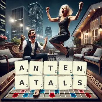 Creative illustration for a Scrabble game with the word ANTENATALS spelled out in tiles on the board.