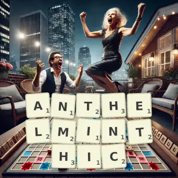 Creative illustration for a Scrabble game with the word ANTHELMINTHIC spelled out in tiles on the board.