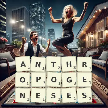 Creative illustration for a Scrabble game with the word ANTHROPOGENESES spelled out in tiles on the board.