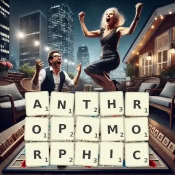 Creative illustration for a Scrabble game with the word ANTHROPOMORPHIC spelled out in tiles on the board.