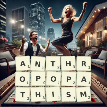Creative illustration for a Scrabble game with the word ANTHROPOPATHISM spelled out in tiles on the board.