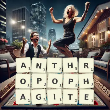 Creative illustration for a Scrabble game with the word ANTHROPOPHAGITE spelled out in tiles on the board.