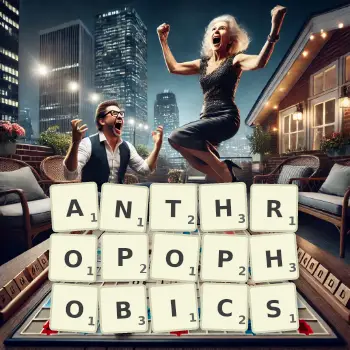 Creative illustration for a Scrabble game with the word ANTHROPOPHOBICS spelled out in tiles on the board.