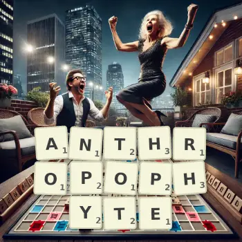 Creative illustration for a Scrabble game with the word ANTHROPOPHYTE spelled out in tiles on the board.