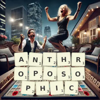 Creative illustration for a Scrabble game with the word ANTHROPOSOPHIC spelled out in tiles on the board.