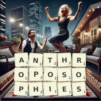 Creative illustration for a Scrabble game with the word ANTHROPOSOPHIES spelled out in tiles on the board.
