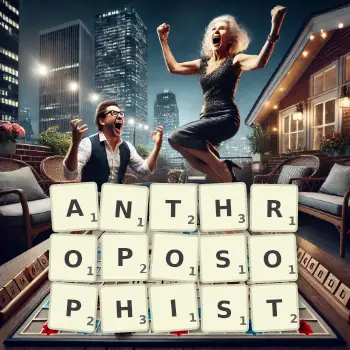 Creative illustration for a Scrabble game with the word ANTHROPOSOPHIST spelled out in tiles on the board.