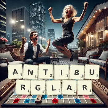 Creative illustration for a Scrabble game with the word ANTIBURGLAR spelled out in tiles on the board.