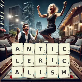 Creative illustration for a Scrabble game with the word ANTICLERICALISM spelled out in tiles on the board.