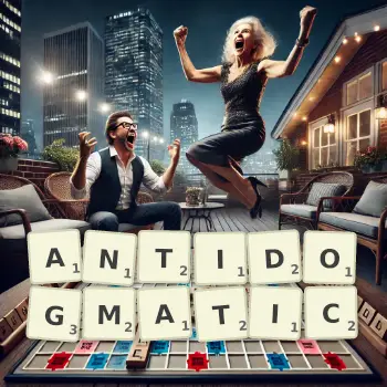 Creative illustration for a Scrabble game with the word ANTIDOGMATIC spelled out in tiles on the board.