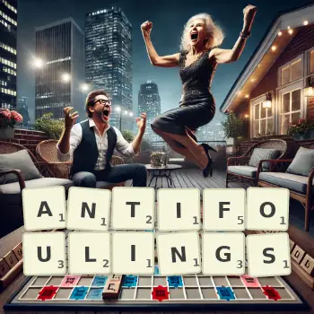 Creative illustration for a Scrabble game with the word ANTIFOULINGS spelled out in tiles on the board.